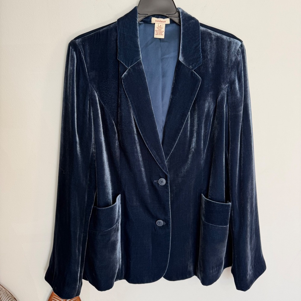 A18 Sundance Taysha Single Breasted Blue Silk Blend Velvet Blazer Jacket Size 8 - Picture 2 of 7